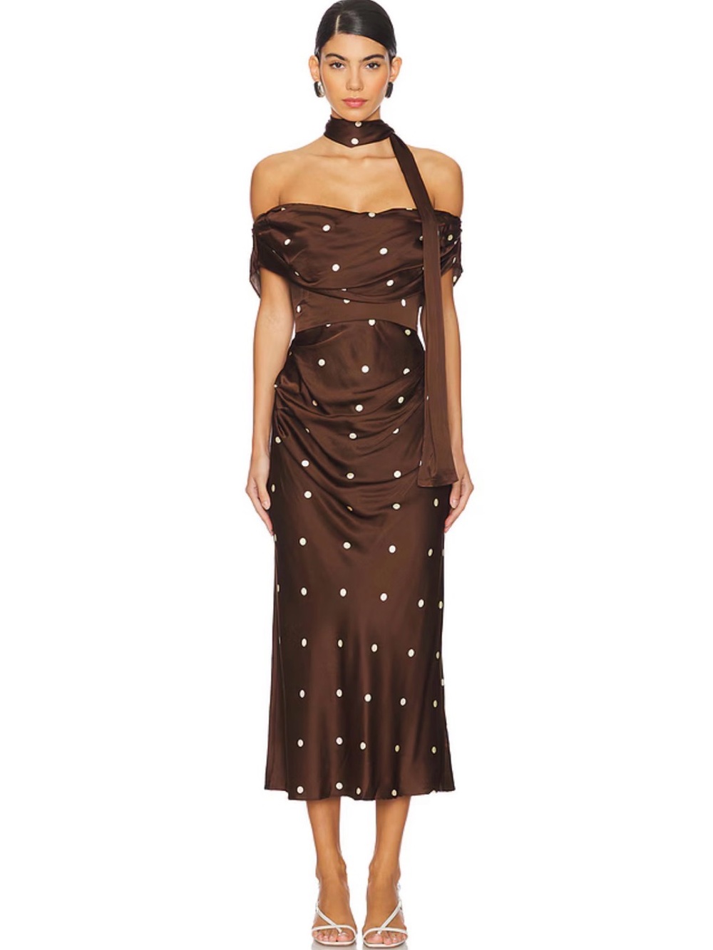 LPA Luisa Midi Dress in Brown & Cream Dot